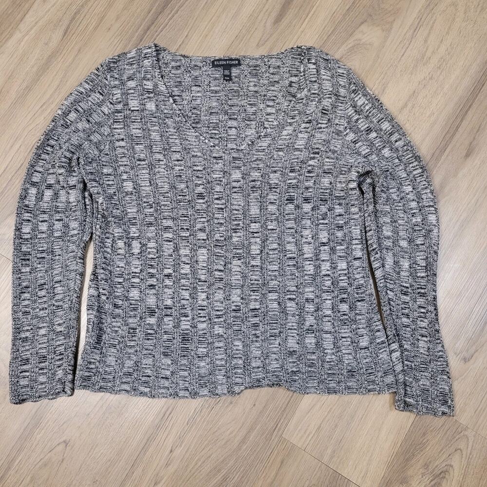 Eileen Fisher Silk Organic Linen Open Ladder Knit Sweater Women's M Gray White